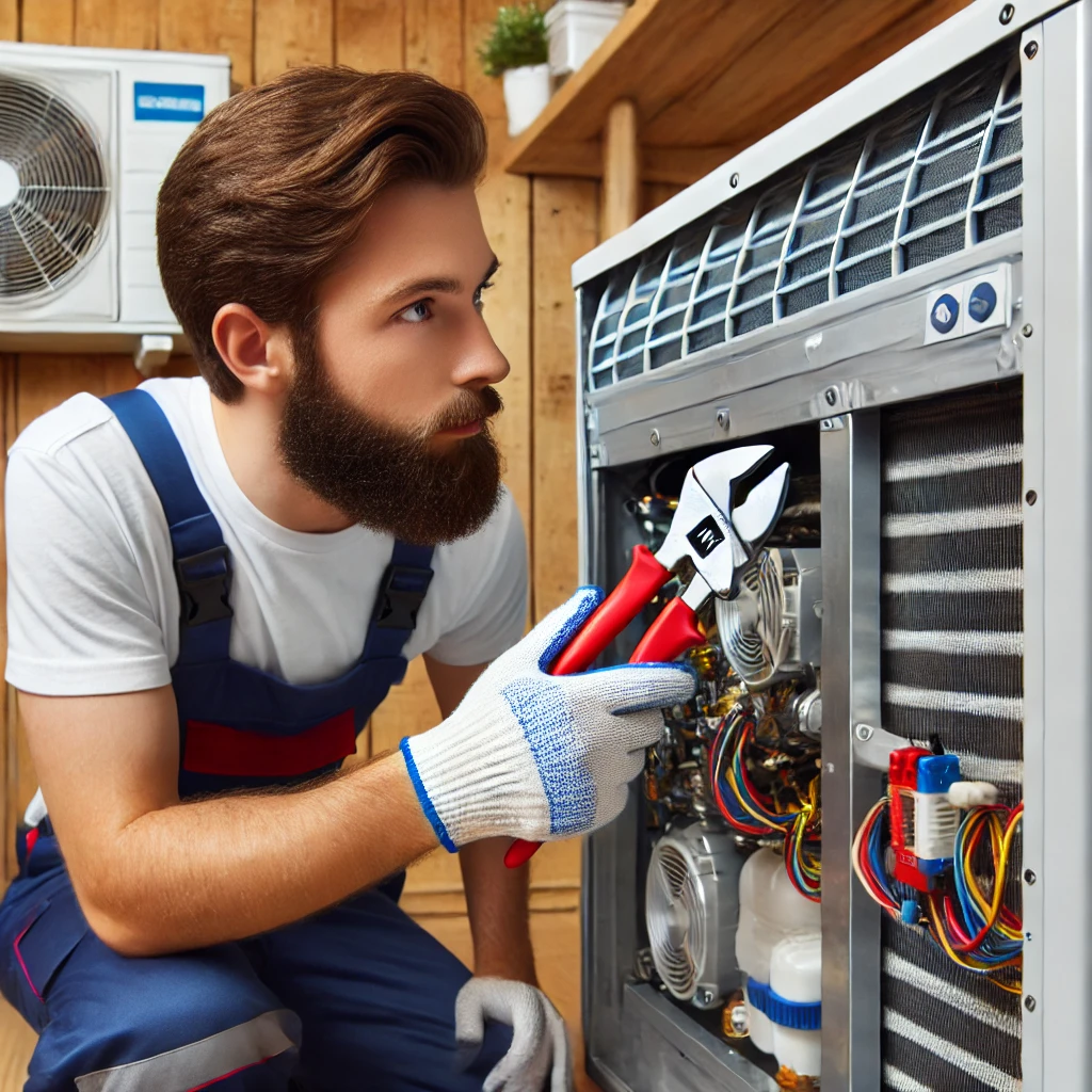 An HVAC technician inspecting a residential air conditioning unit, showcasing specialized training and high-quality equipment.