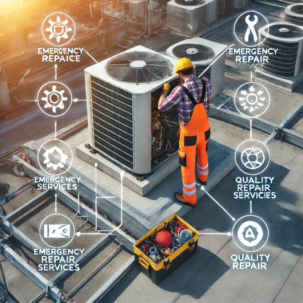 An HVAC technician performing maintenance on a rooftop air conditioning unit, highlighting emergency repair services and quality parts.